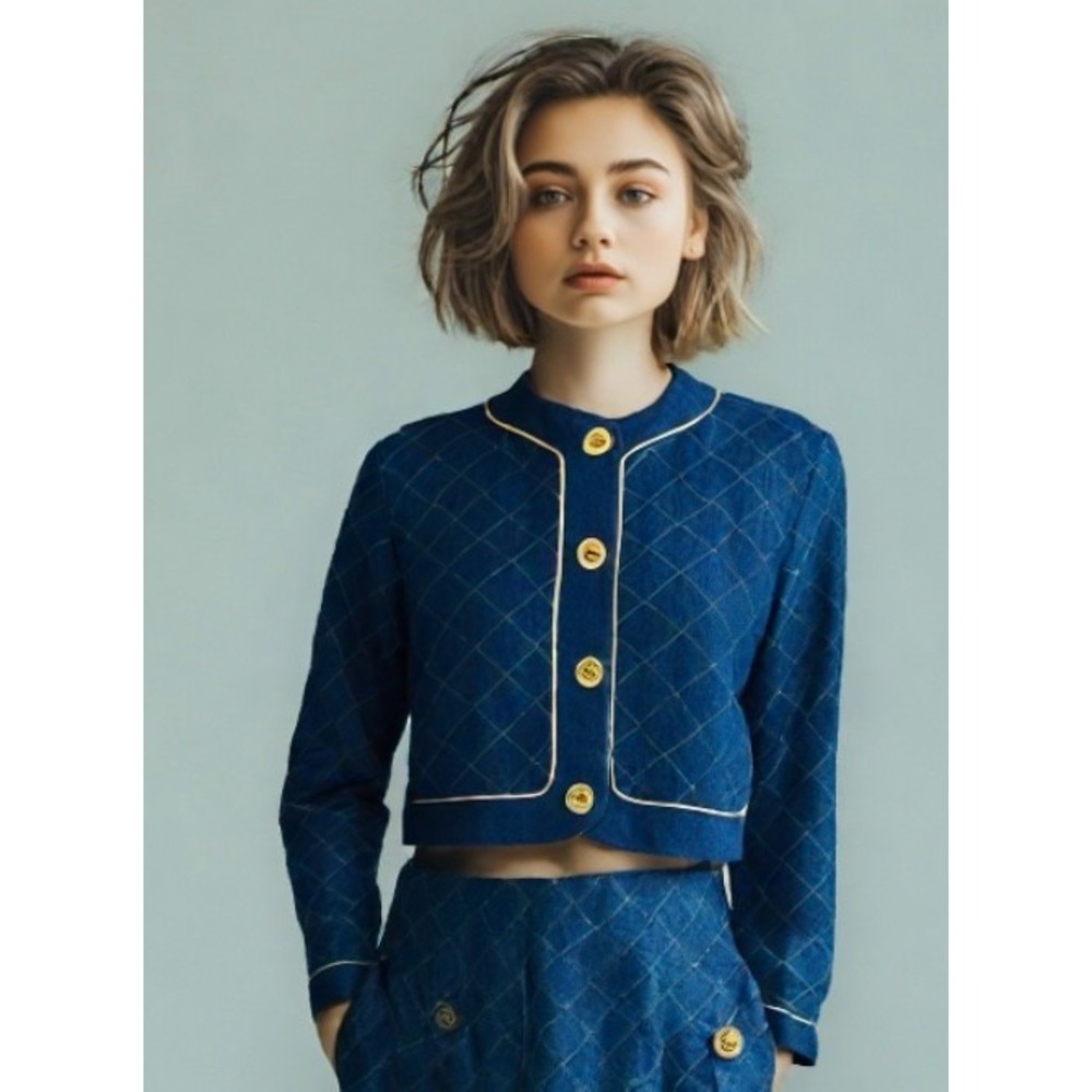 Brett Harrison Jean Jacket Gold Thread Diamond Embroidery Twist Blue Size Medium